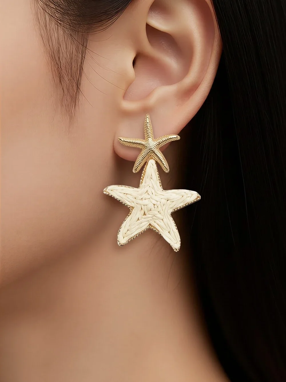 Raffia Starfish Earrings – Gold Woven Beach Statement Studs Coastal Dangles